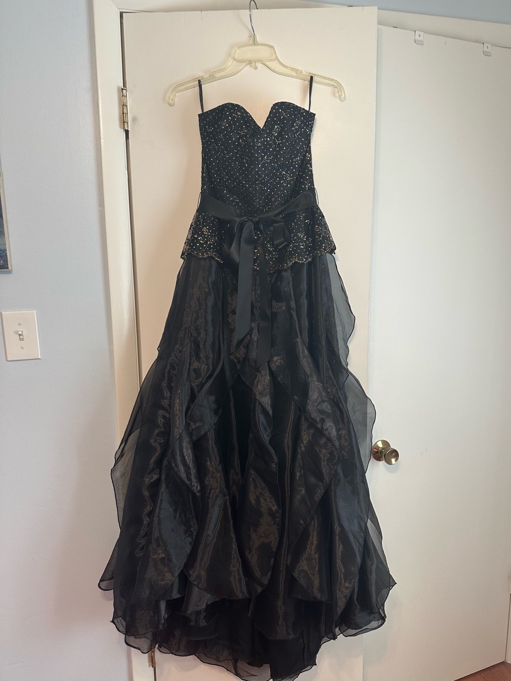 Jessica McClintock Black Beaded Strapless Prom Gown with Organza Skirt